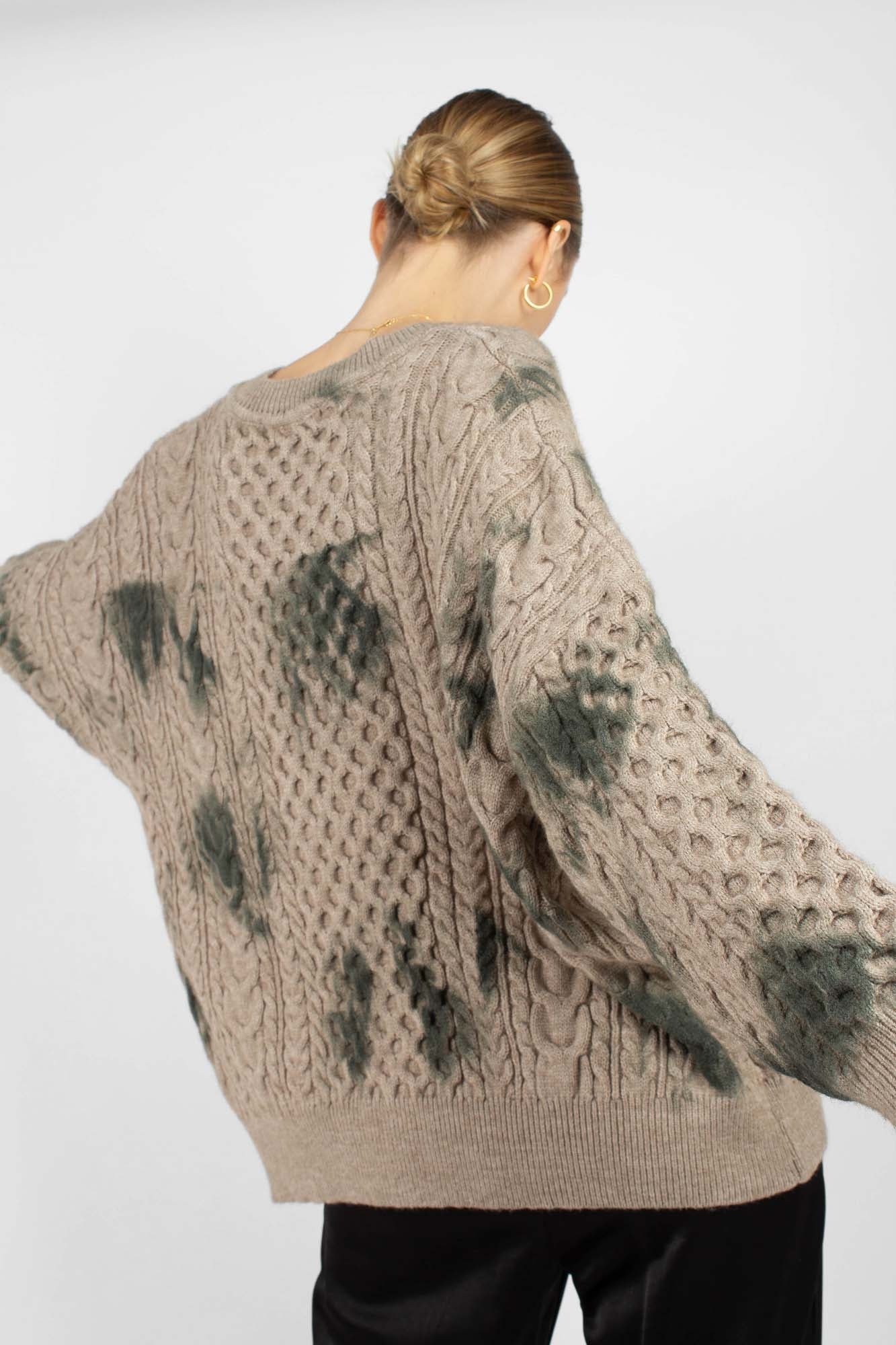 Beige and khaki tie dye V neck jumper