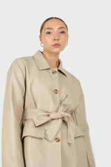Light beige vegan leather belted jacket