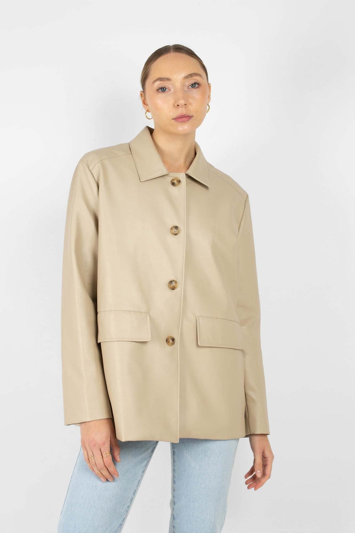 Light beige vegan leather belted jacket