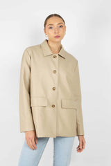 Light beige vegan leather belted jacket