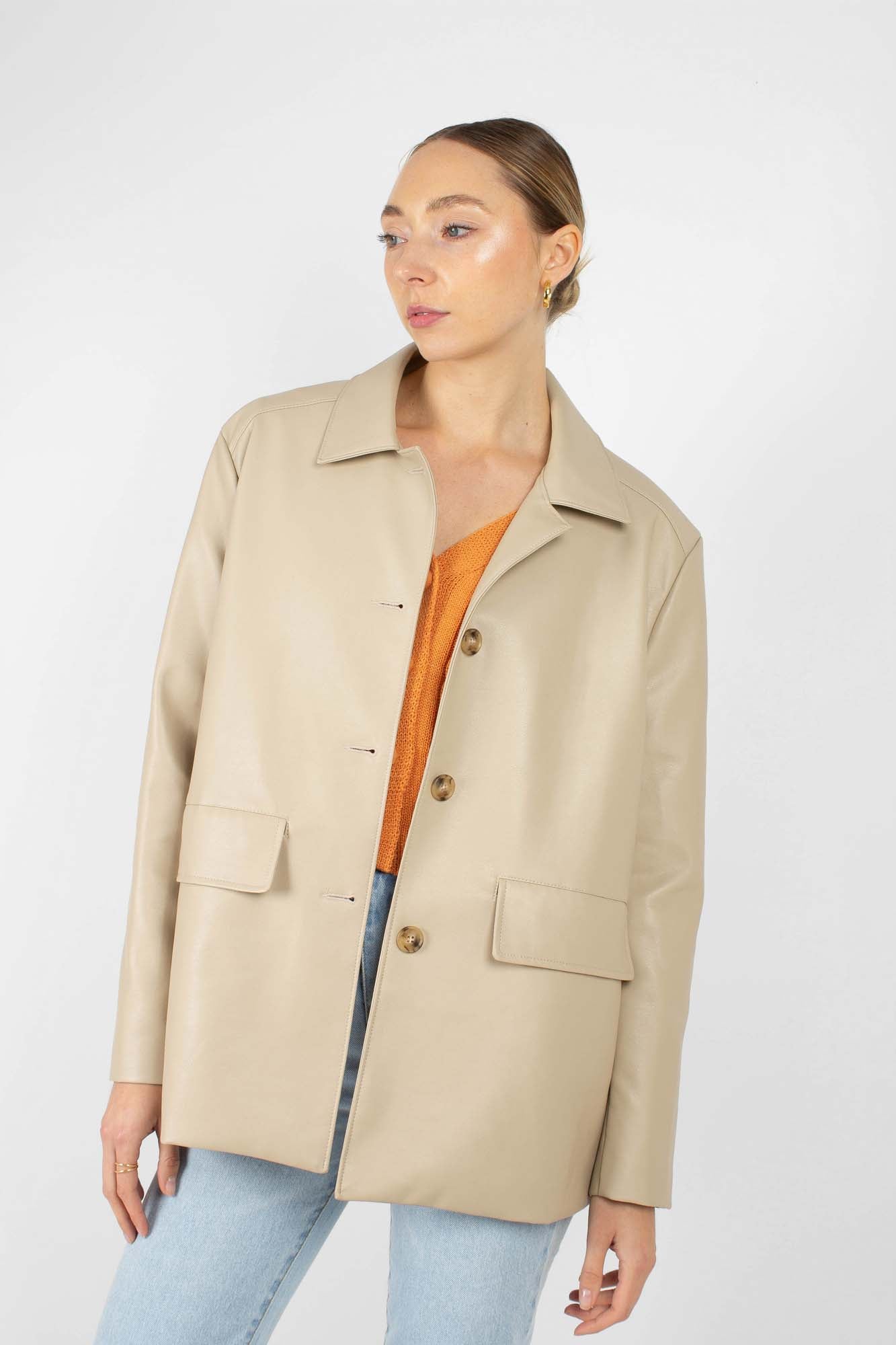Light beige vegan leather belted jacket