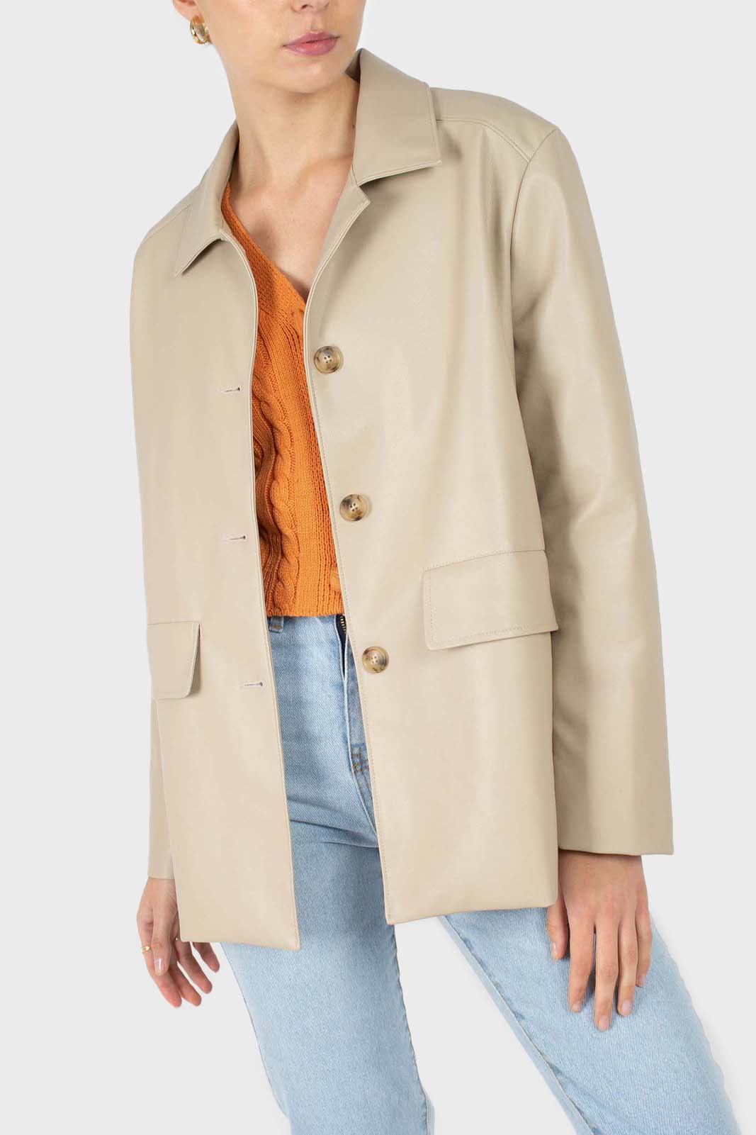Light beige vegan leather belted jacket