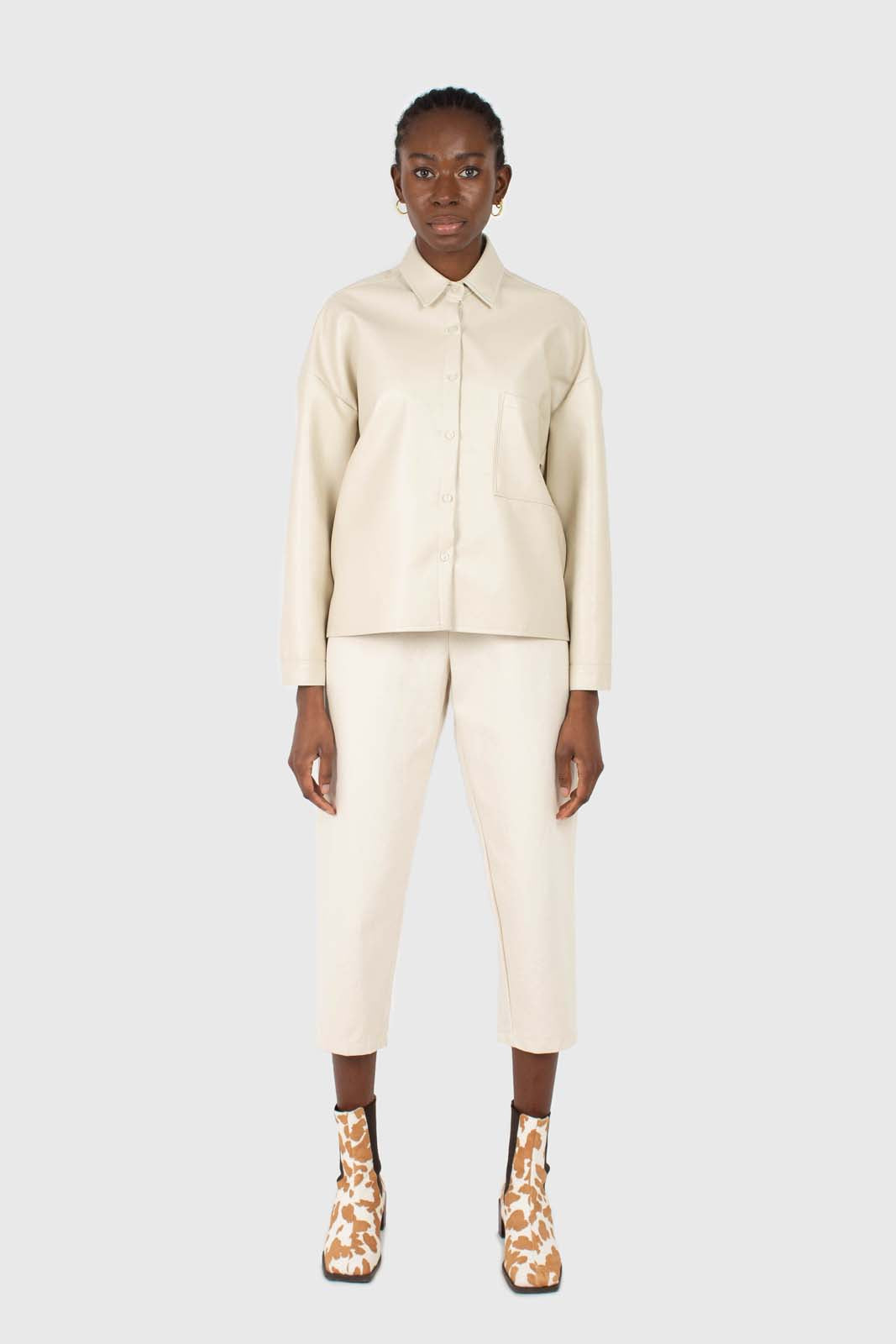 Cream vegan leather oversized shirt jacket