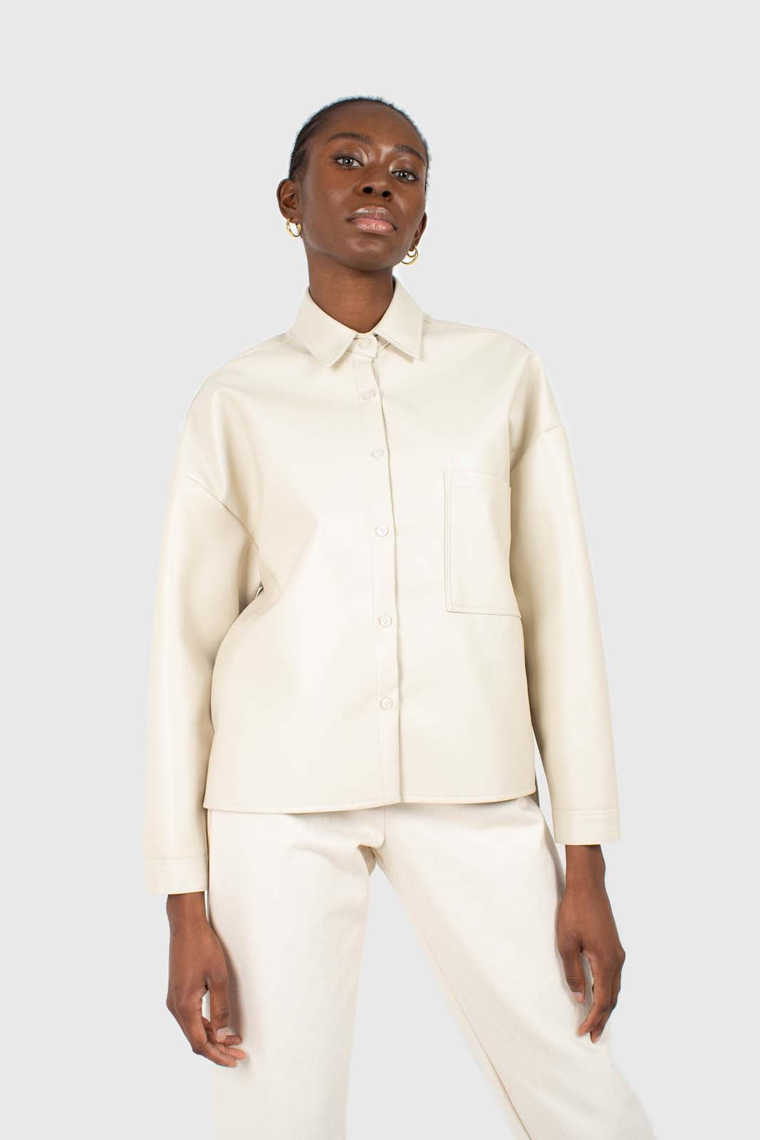 Cream vegan leather oversized shirt jacket