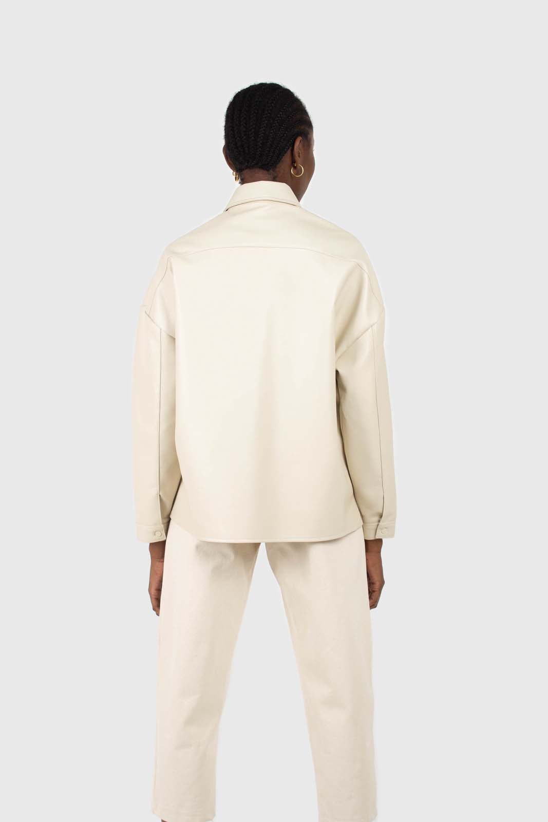 Cream vegan leather oversized shirt jacket