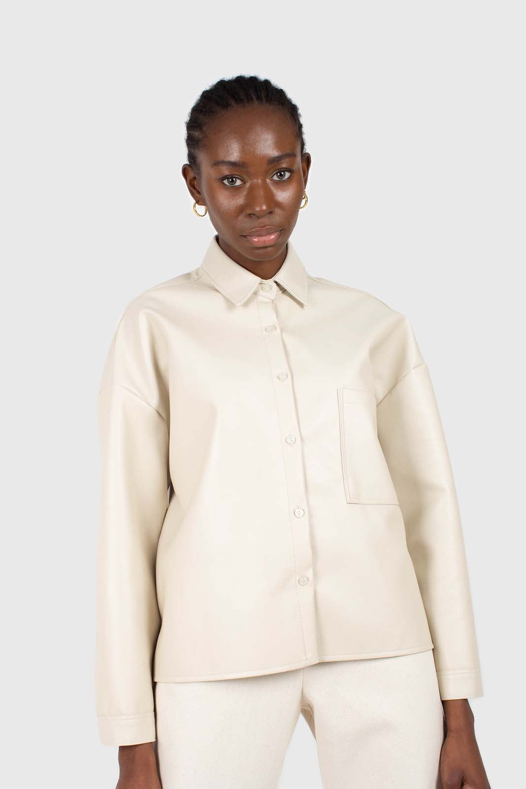 Cream vegan leather oversized shirt jacket