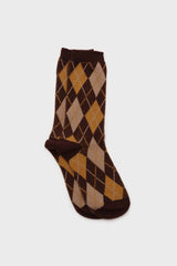 Brown yellow and beige argyle socks