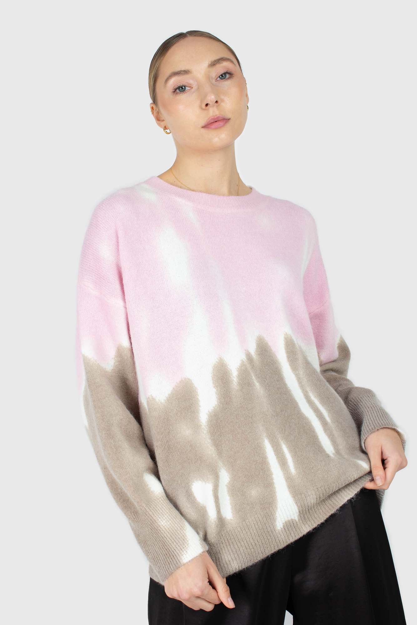 Pink and grey tie dye colorblock jumper