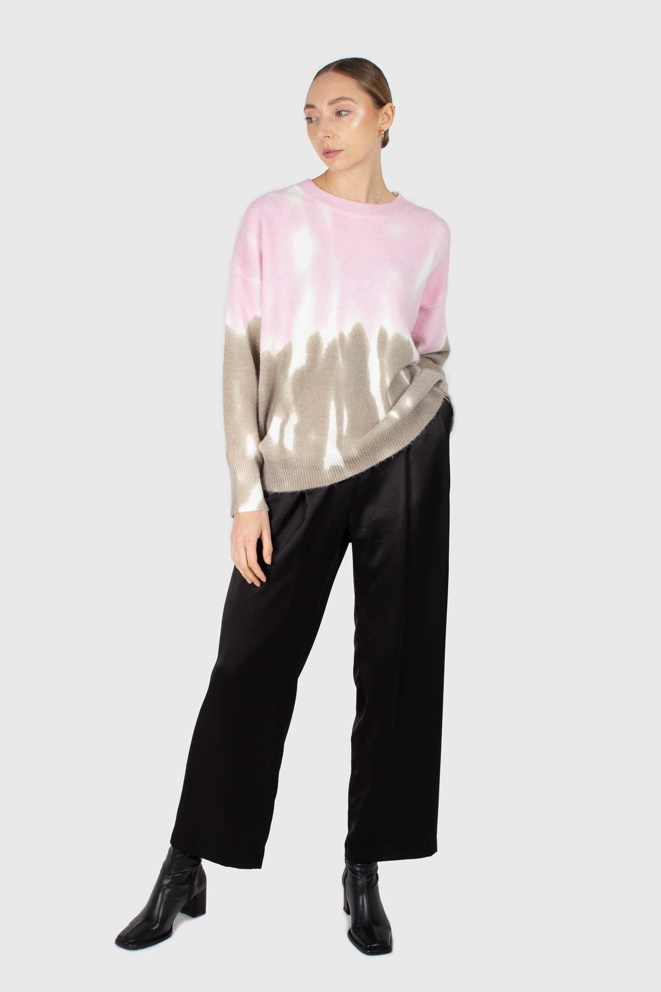 Pink and grey tie dye colorblock jumper