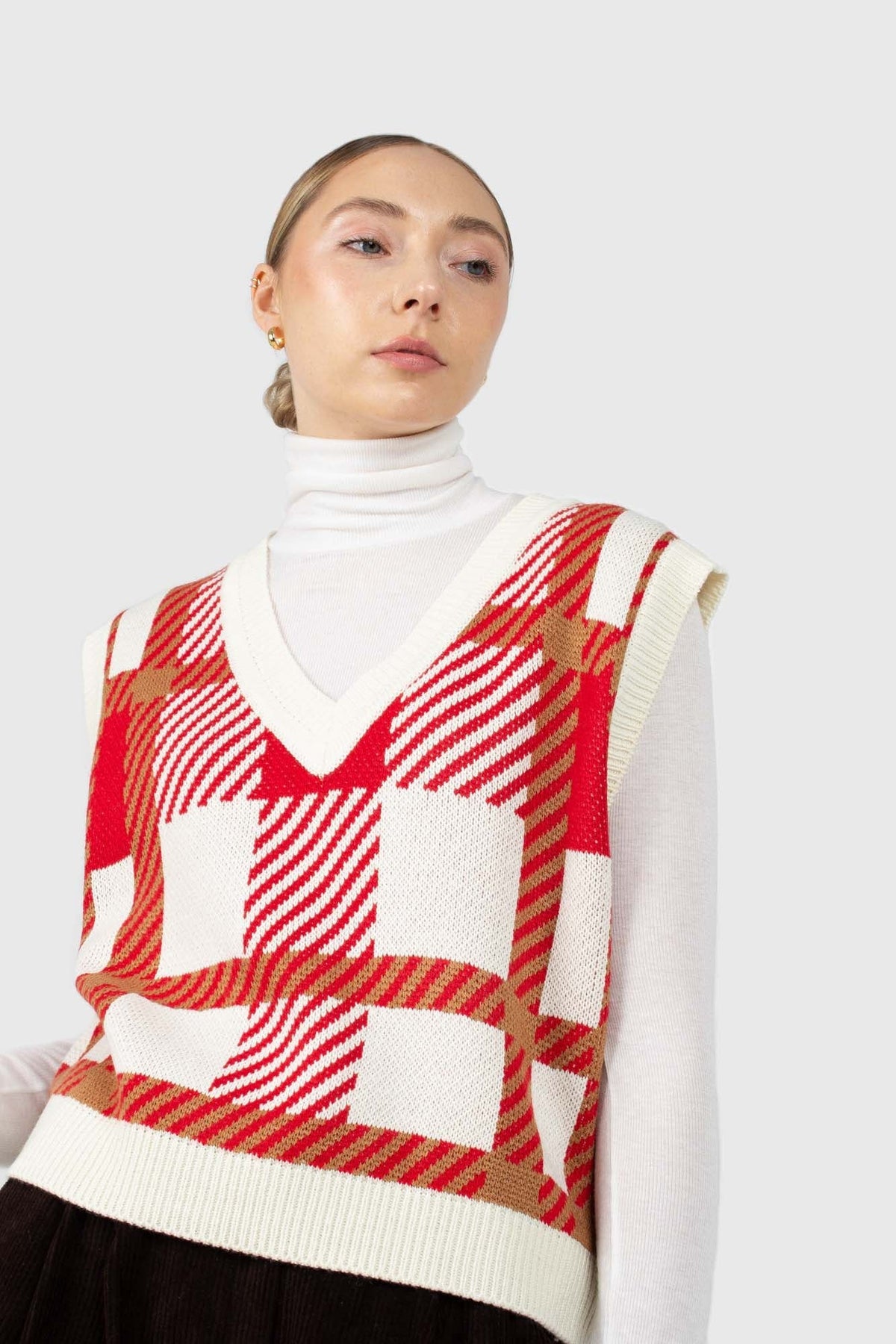 Ivory and red plaid knit vest