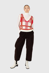 Ivory and red plaid knit vest
