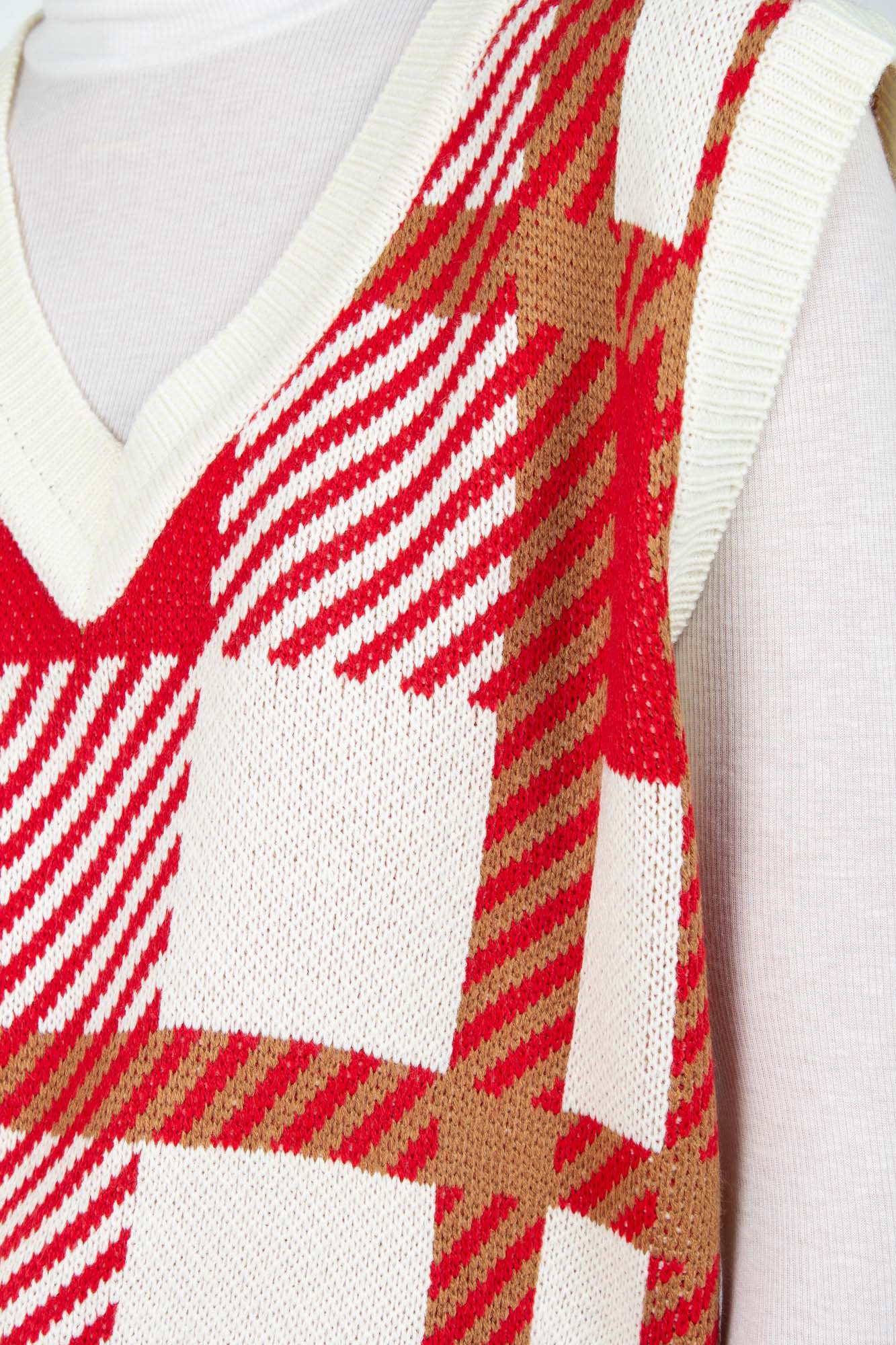 Ivory and red plaid knit vest