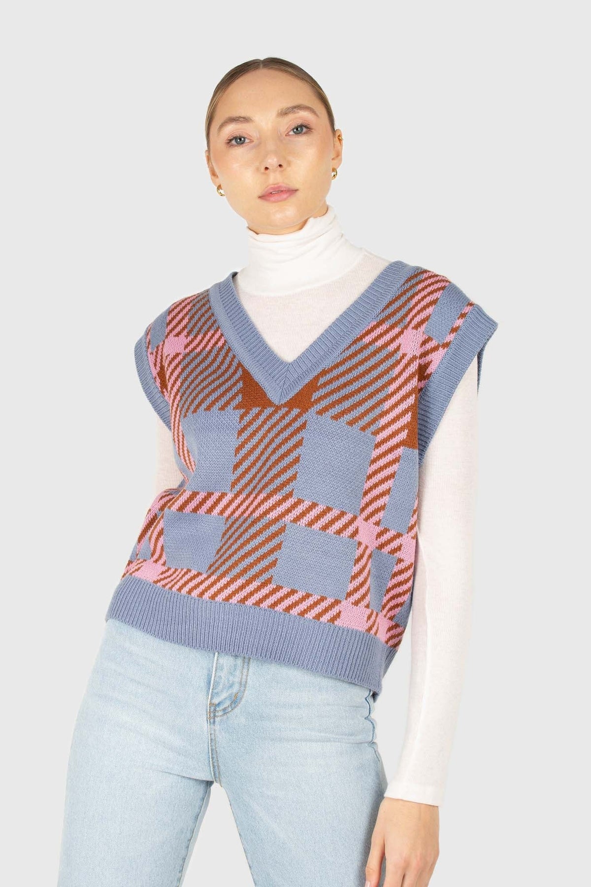 Light blue and camel plaid knit vest