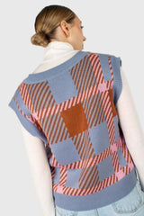 Light blue and camel plaid knit vest