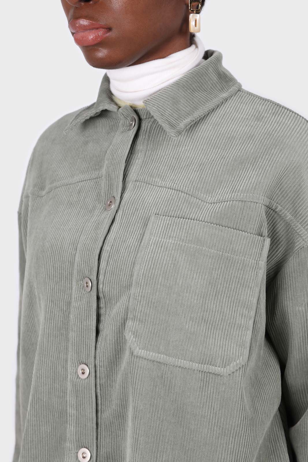 Khaki corduroy patch pocket oversized shirt jacket