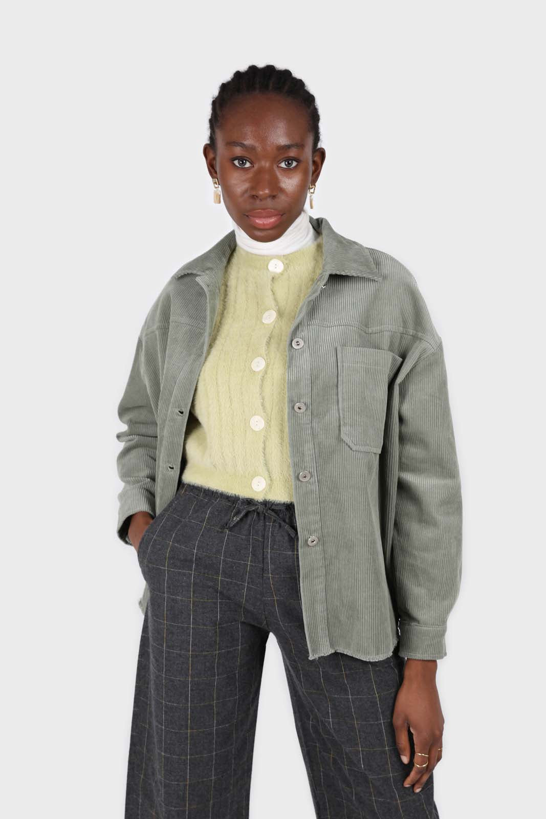 Khaki corduroy patch pocket oversized shirt jacket
