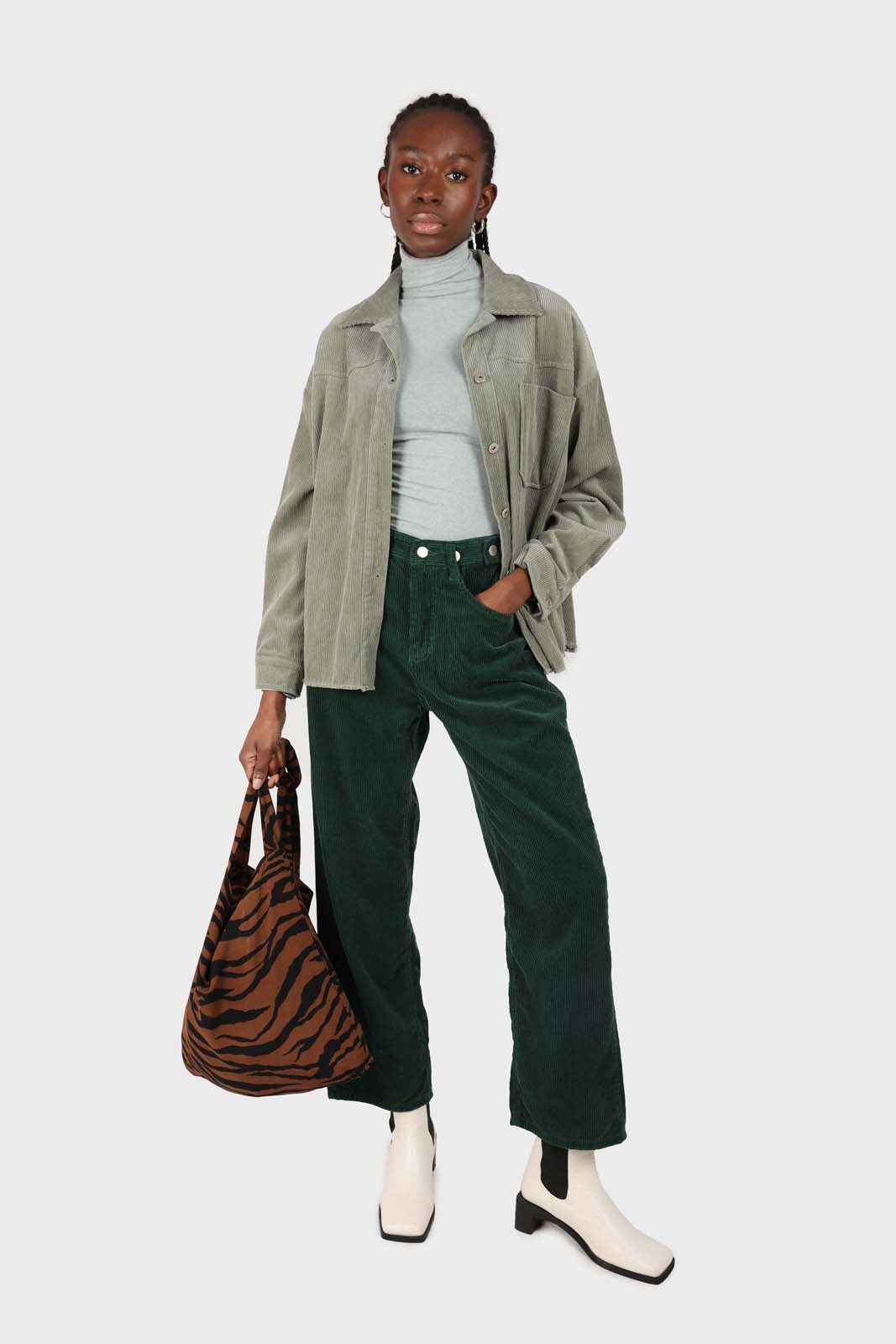 Khaki corduroy patch pocket oversized shirt jacket
