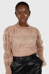 Baby pink sheer lace mock neck blouse