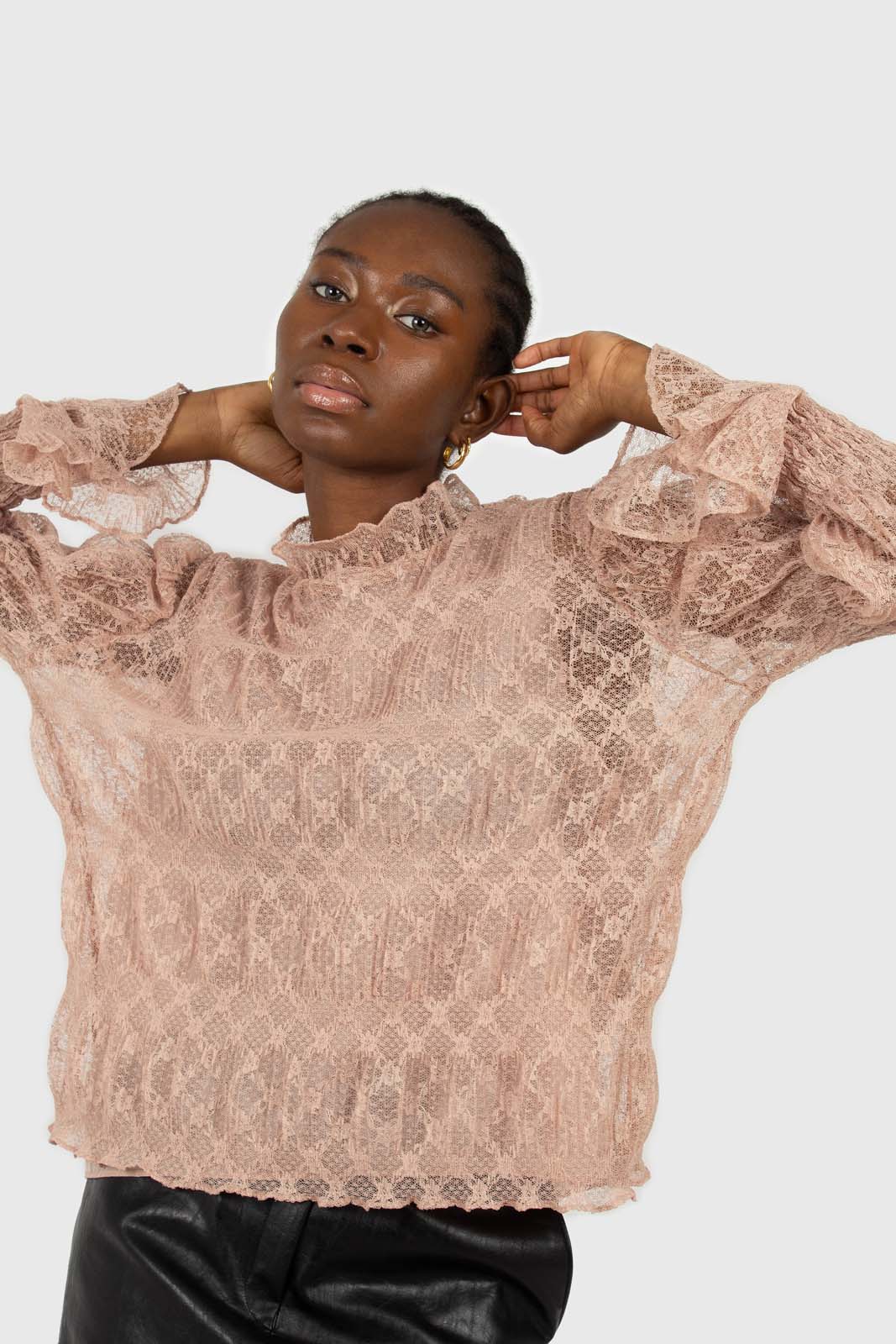 Baby pink sheer lace mock neck blouse