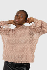 Baby pink sheer lace mock neck blouse