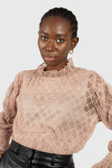Baby pink sheer lace mock neck blouse