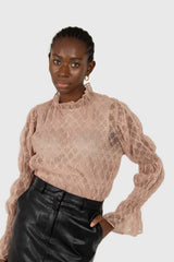 Baby pink sheer lace mock neck blouse
