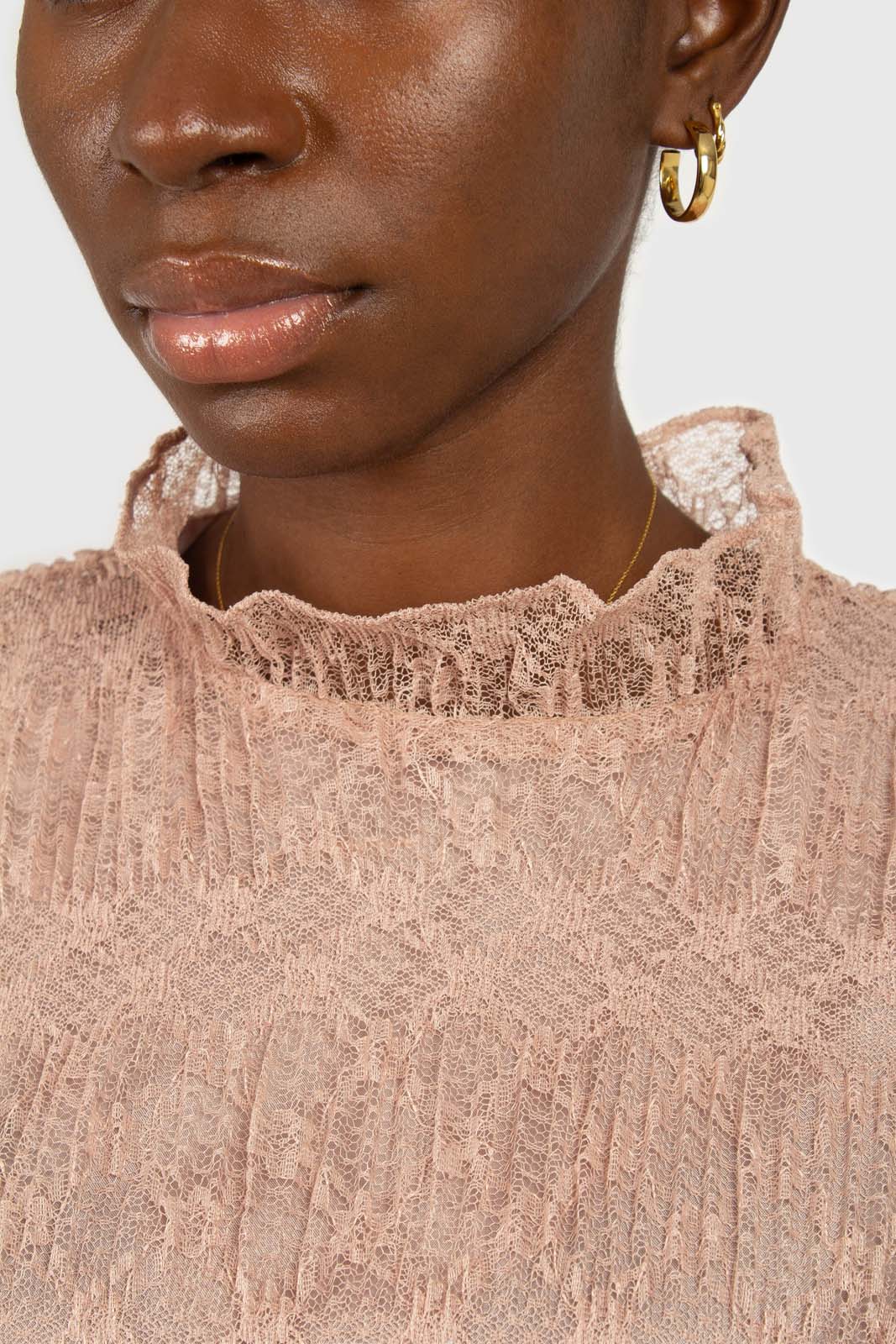 Baby pink sheer lace mock neck blouse