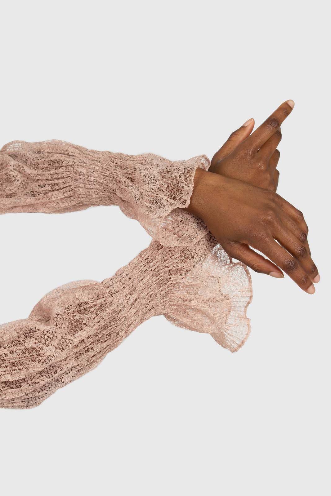 Baby pink sheer lace mock neck blouse
