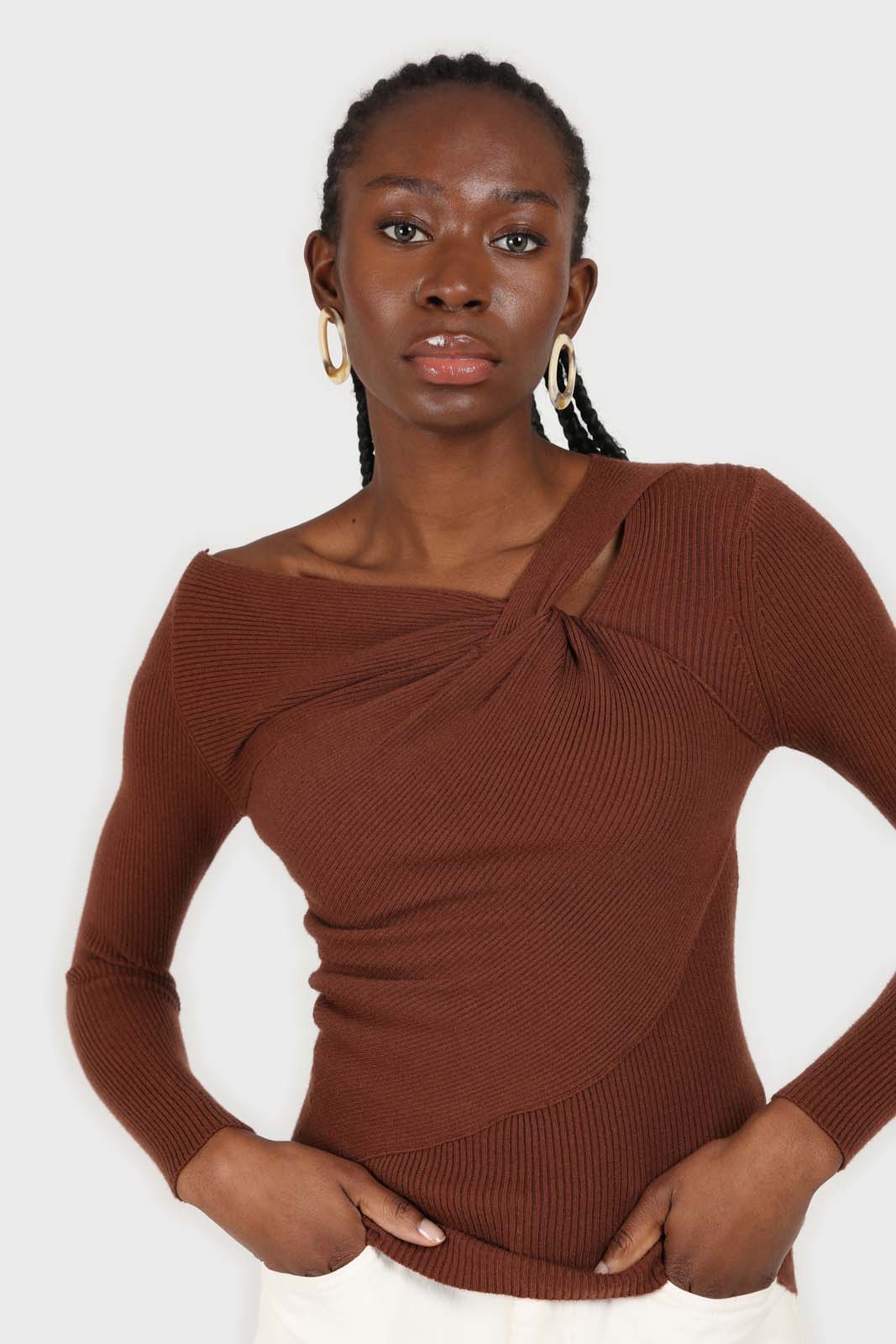 Brown cross shoulder knit top