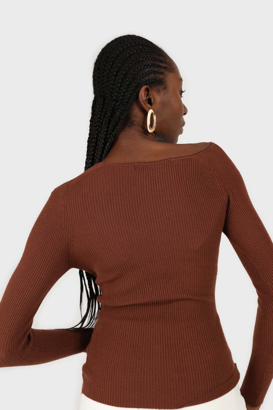 Brown cross shoulder knit top