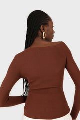 Brown cross shoulder knit top