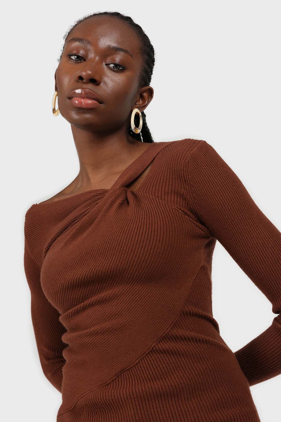 Brown cross shoulder knit top