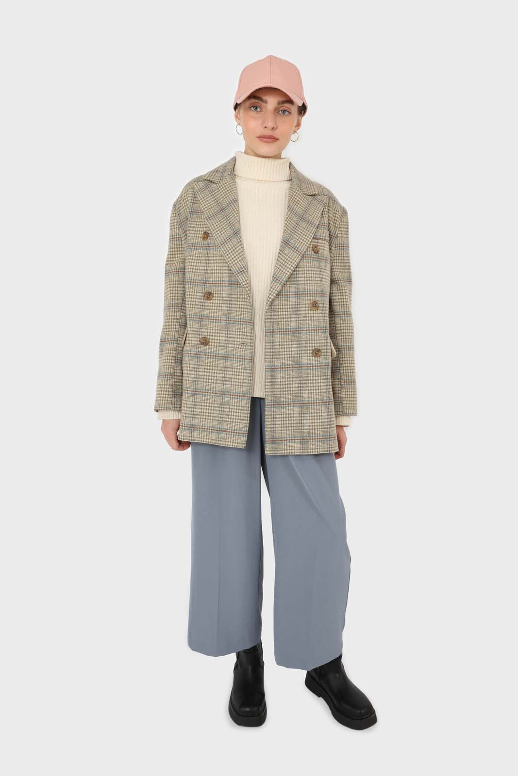 Beige and khaki checked oversized wool blazer