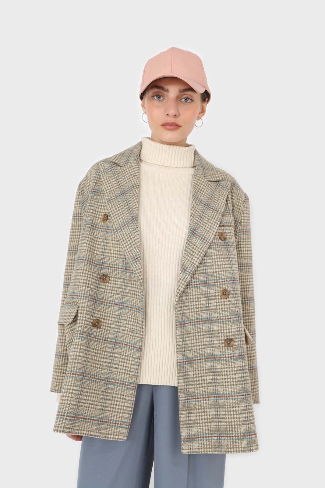 Beige and khaki checked oversized wool blazer