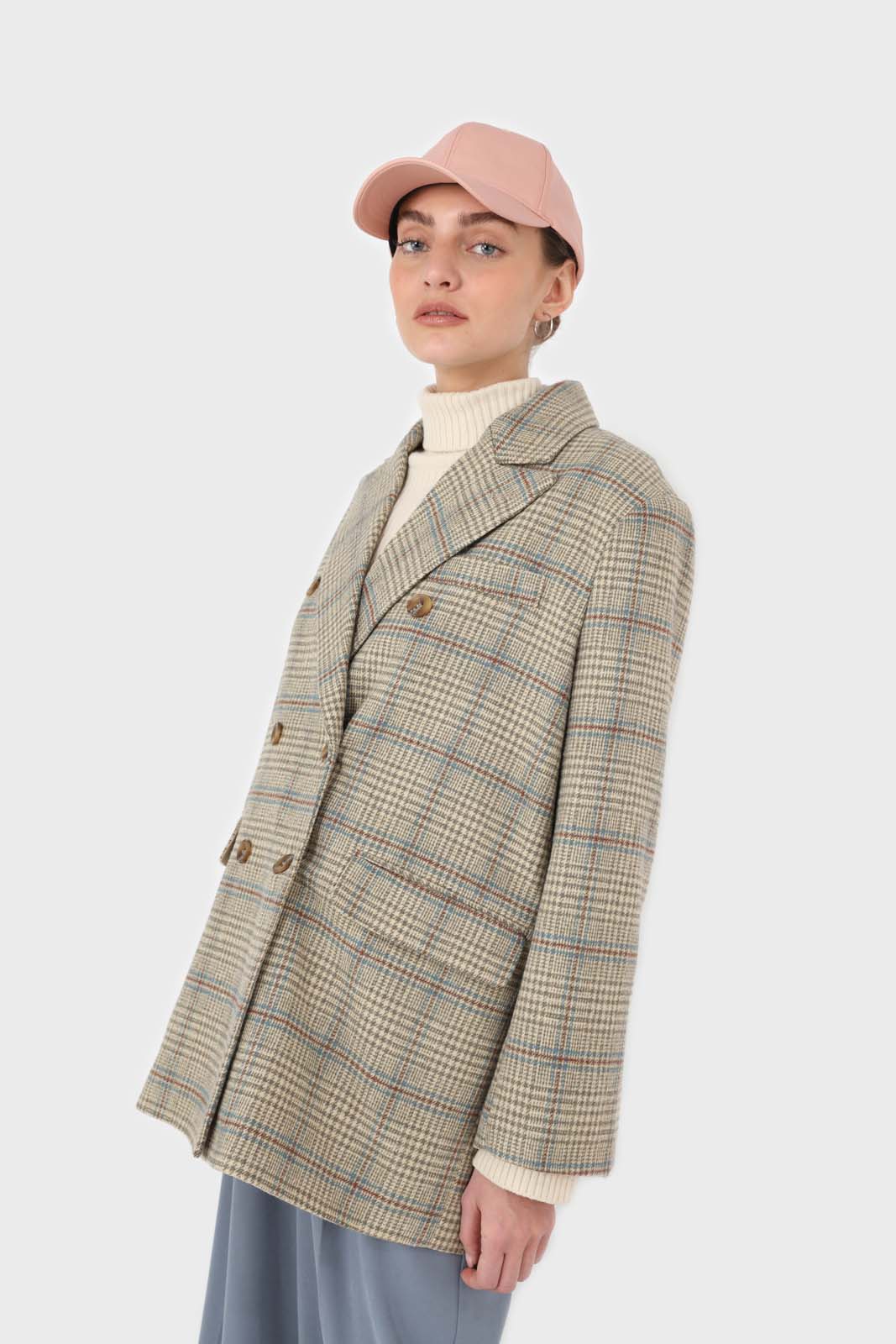 Beige and khaki checked oversized wool blazer