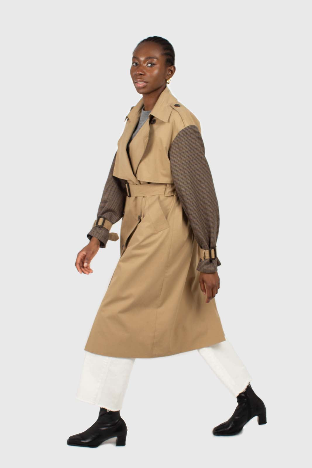 Beige and brown checked sleeve trench coat