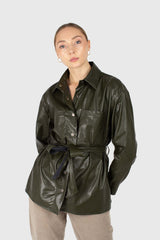 Khaki high shine glossy belted shirt