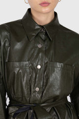 Khaki high shine glossy belted shirt