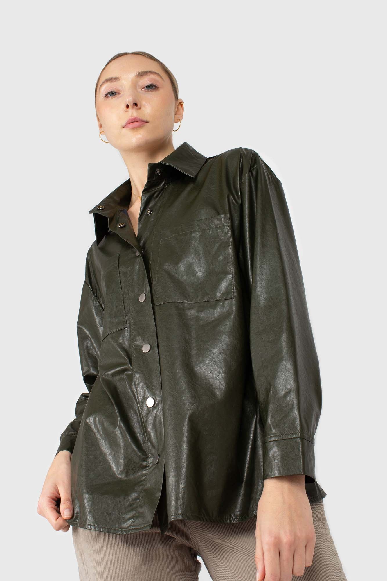 Khaki high shine glossy belted shirt