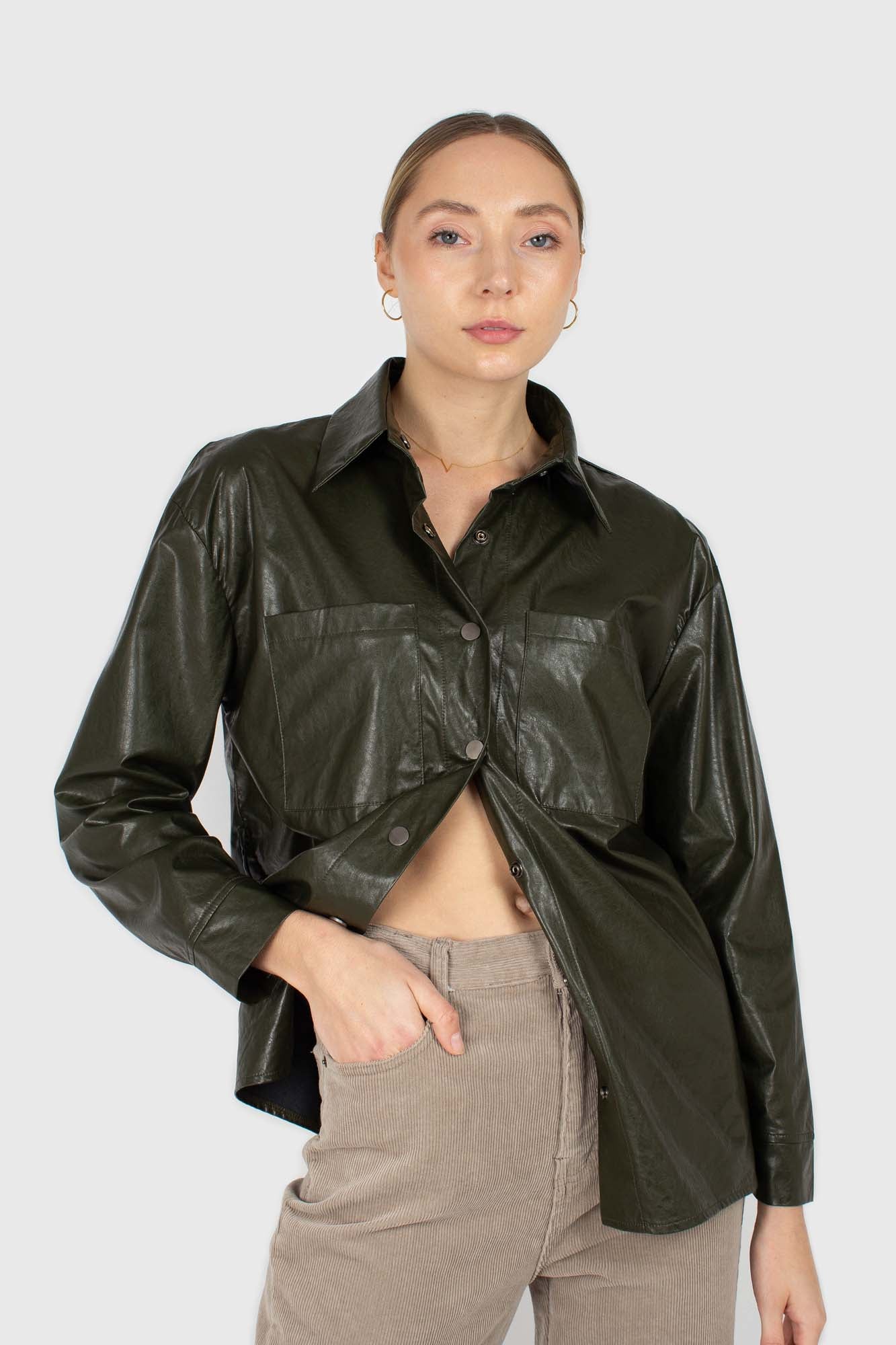 Khaki high shine glossy belted shirt