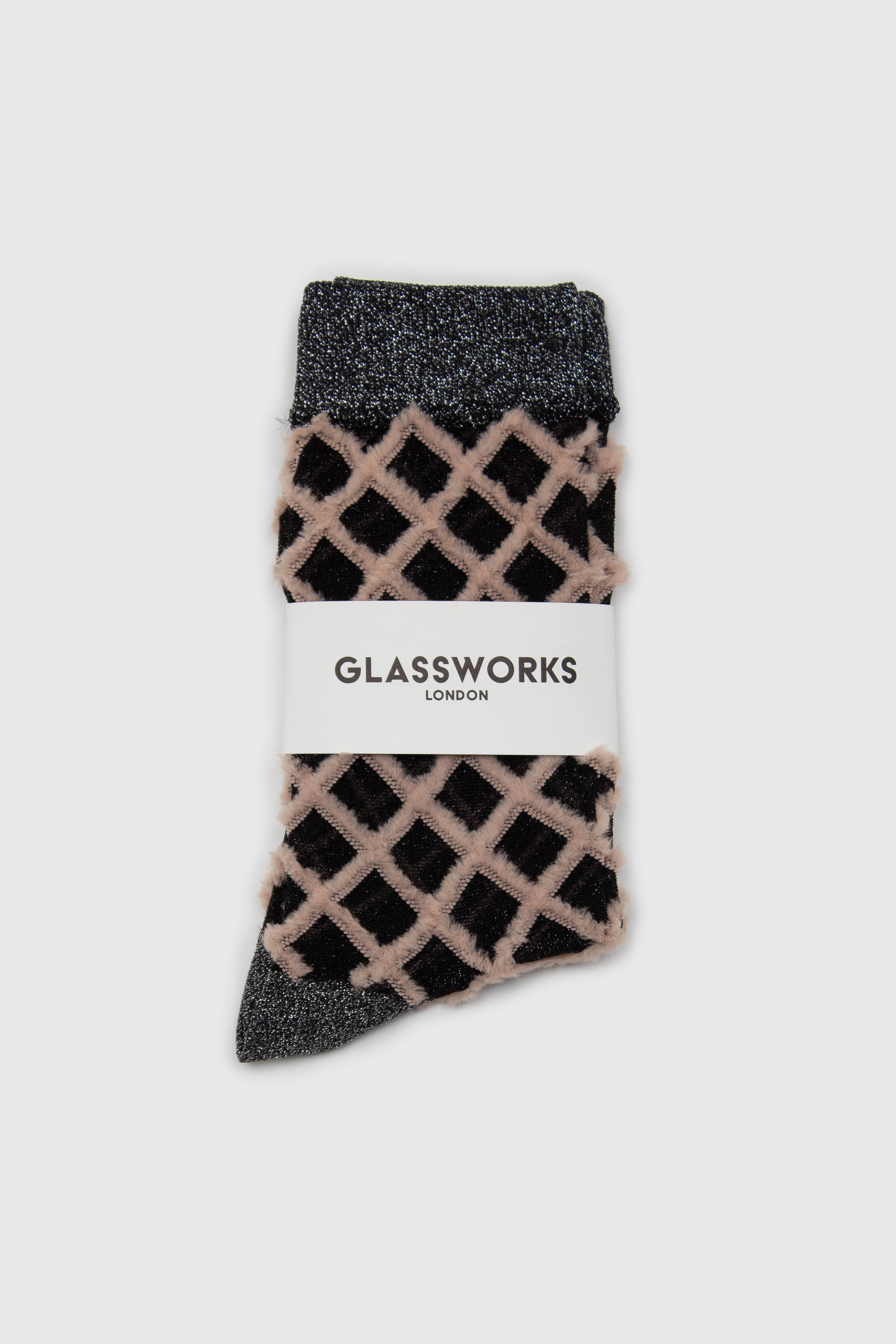 Beige fuzzy diamond metallic socks