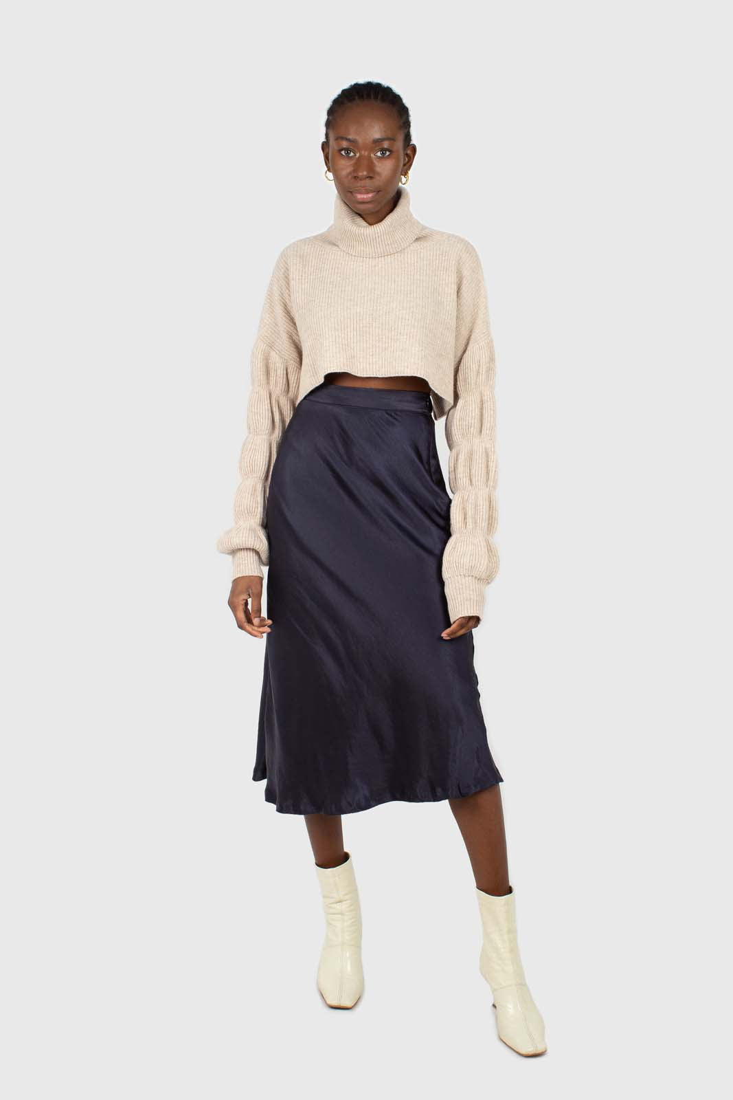 Navy satin midi skirt