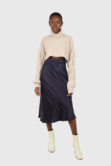 Navy satin midi skirt