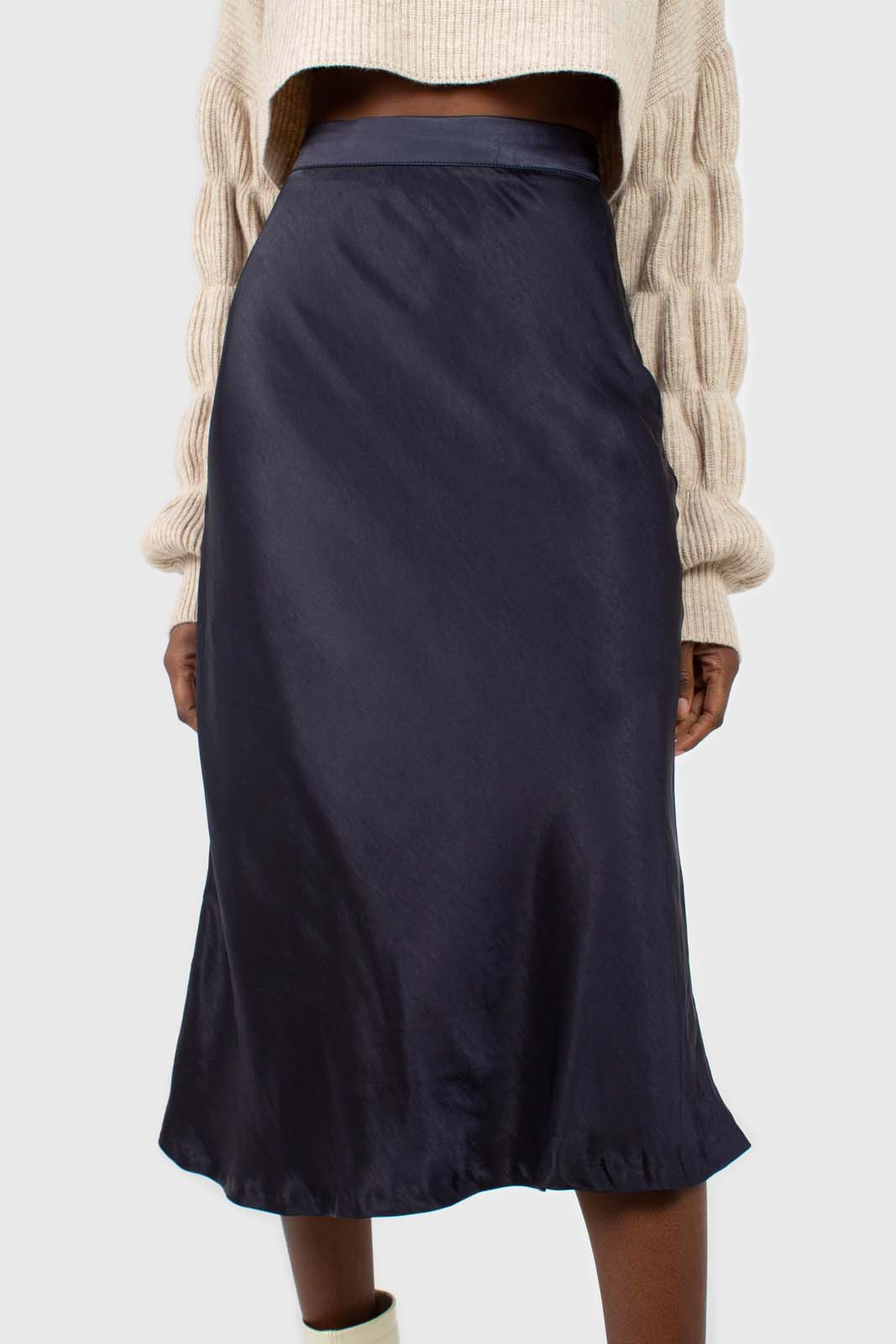 Navy satin midi skirt