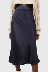 Navy satin midi skirt
