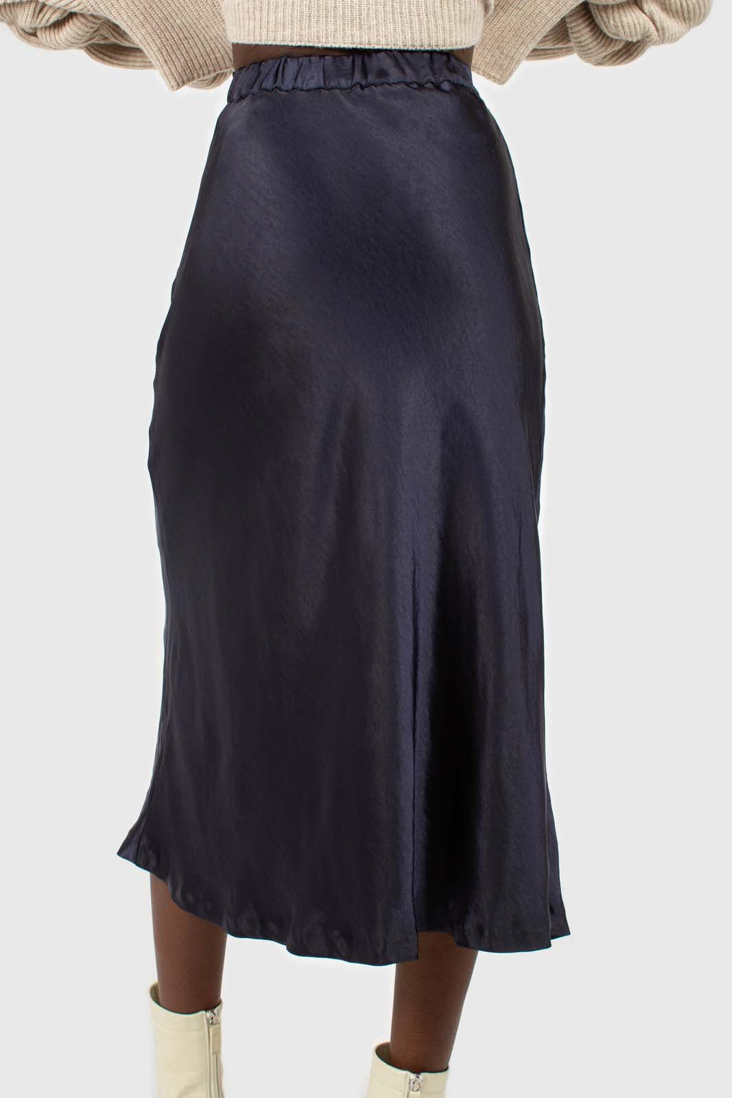 Navy satin midi skirt