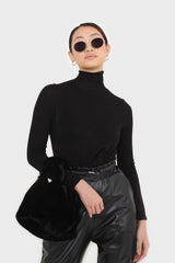 Black wool blended thin turtleneck top