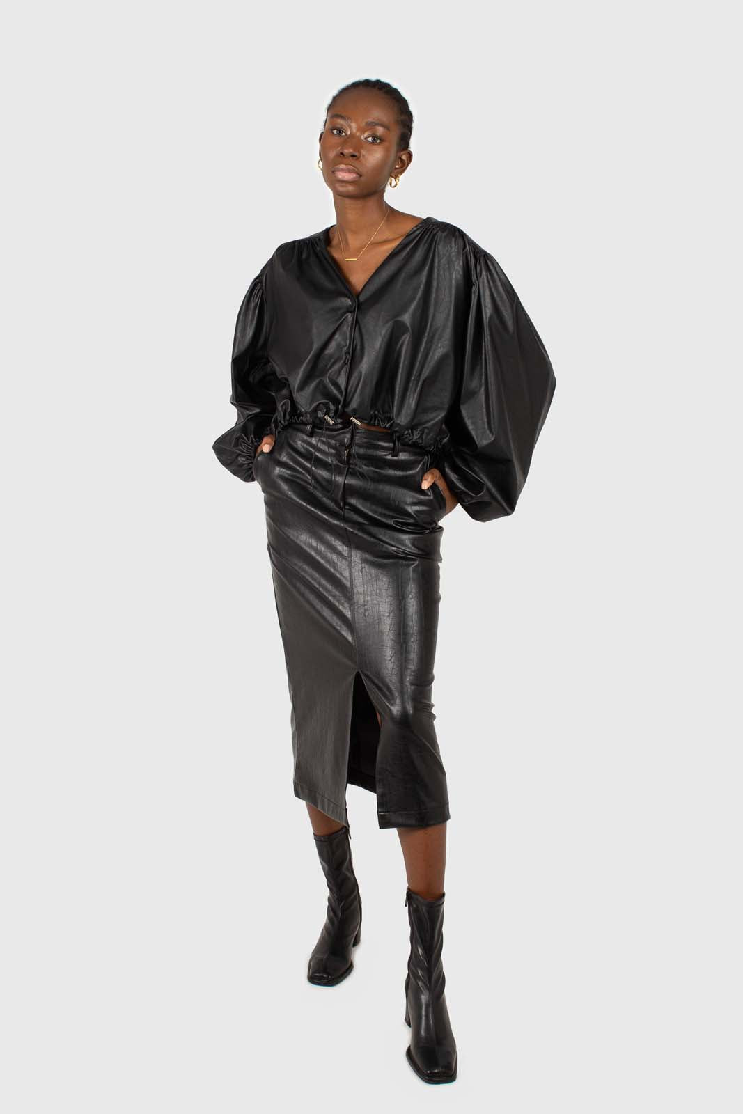 Black vegan leather v-neck puff sleeved blouse