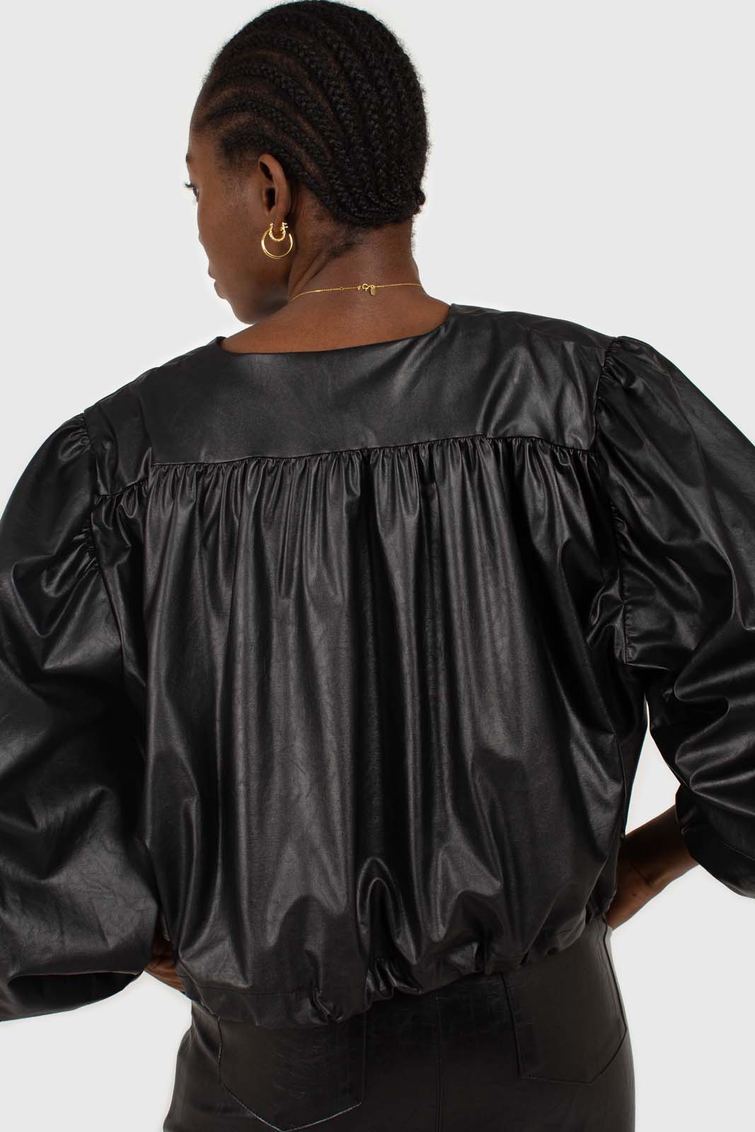 Black vegan leather v-neck puff sleeved blouse