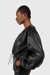 Black vegan leather v-neck puff sleeved blouse